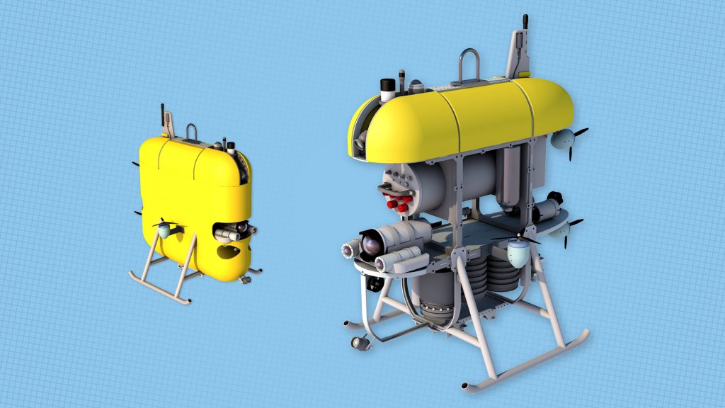 Illustration of Mesobot robot, an oblong yellow shape