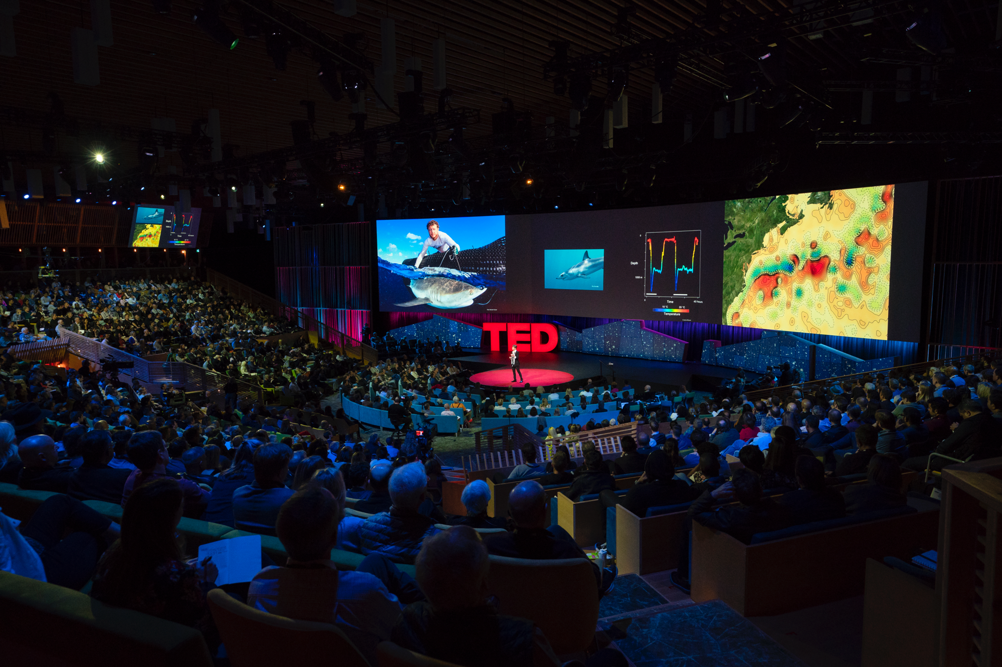 Woods Hole Oceanographic Institution Biologist and Ocean Twilight Zone Project Lead Heidi Sosik speaks at the 2018 TED conference in Vancouver. There have been over 1.2 million views of her talk in the past year. Photo by Jason Redmond, TED.