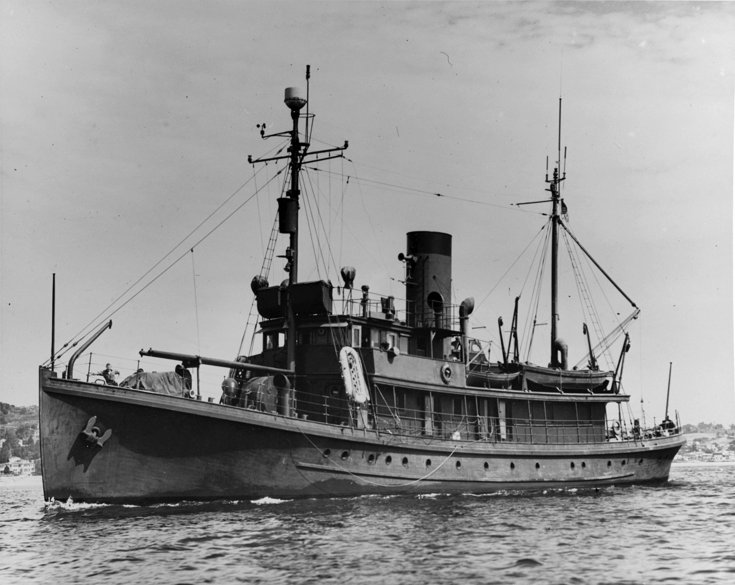 The USS Jasper, a research vessel made from a converted motor yacht, cruises at sea in 1945.