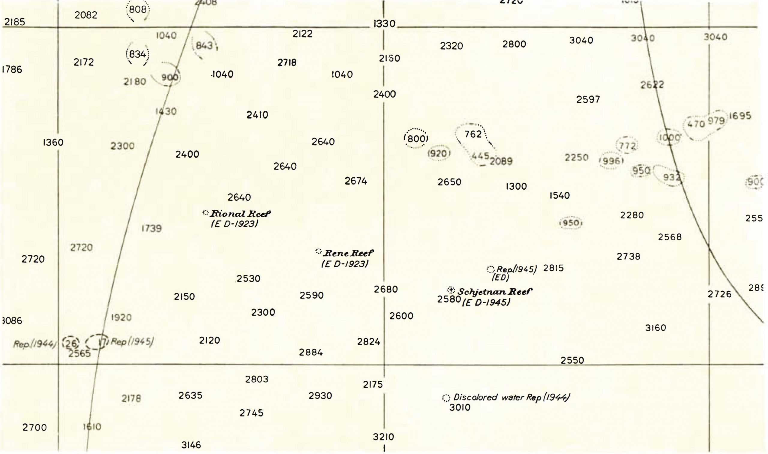 A nautical chart from the 1950s. It shows a grid with dozens of four-digit numbers scattered across it. Each represents water depth at that point. 