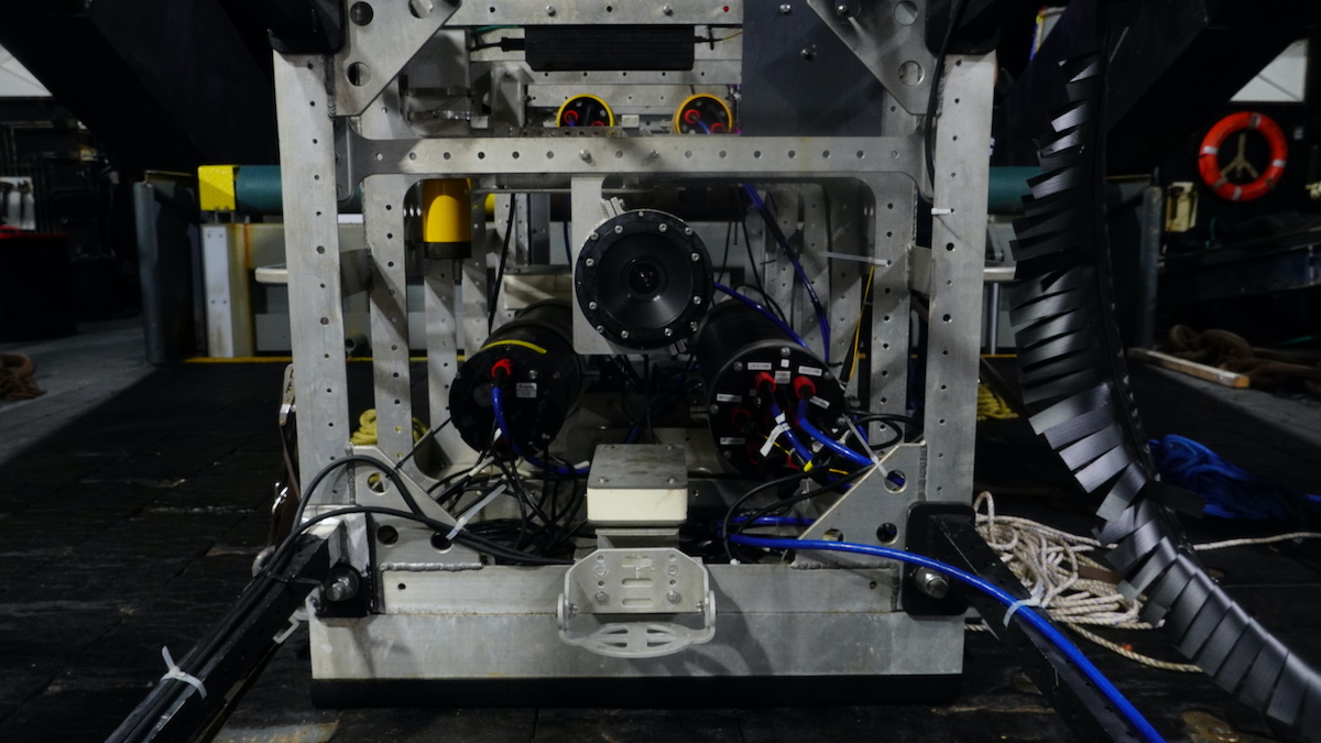 The Deep-See is rigged with a series of acoustic sensors and cameras, which are able to transmit data to science personnel aboard the ship in real time. (Photo by Andrea Vale © Woods Hole Oceanographic Institution)