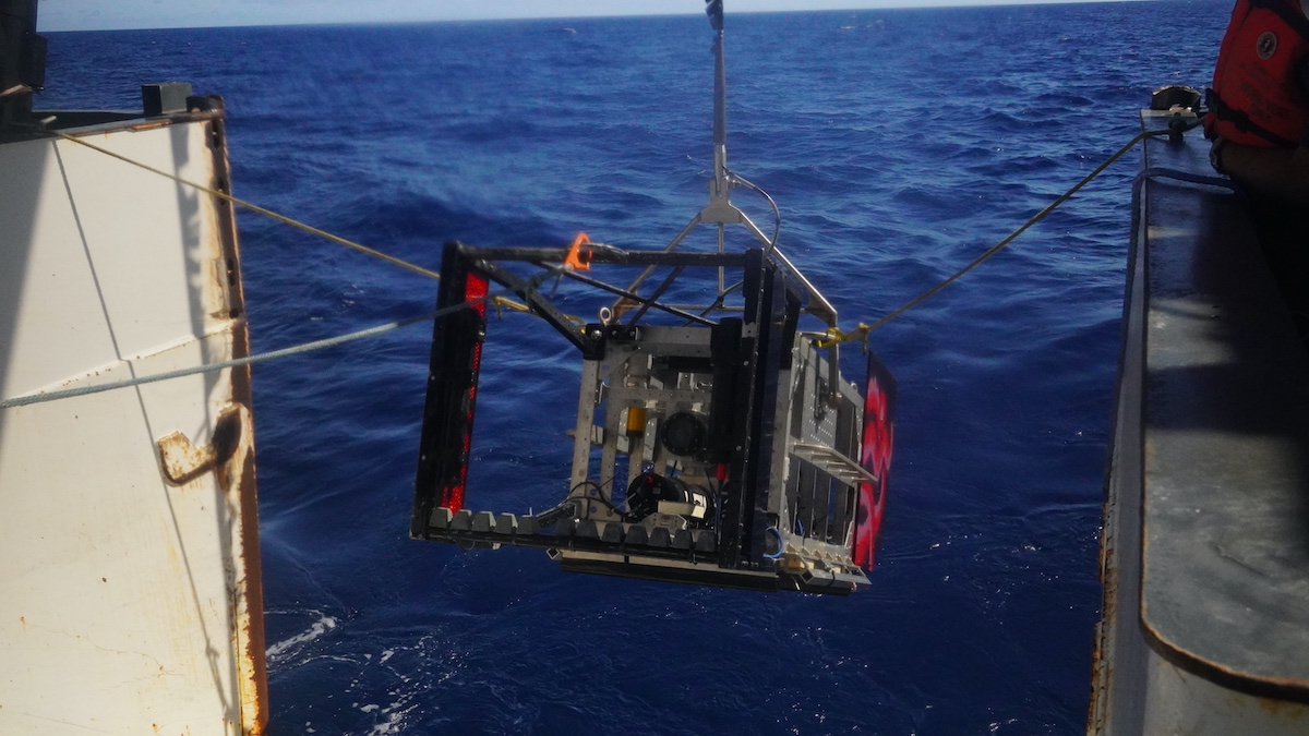 The Deep-See is pulled back on board after its first deployment. The vehicle is used for acoustic monitoring and gathering samples for eDNA analysis. (Photo by Andrea Vale © Woods Hole Oceanographic Institution)