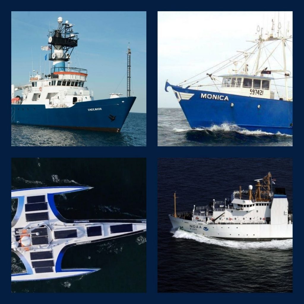 Clockwise from top left: the R/V <i>Endeavor</i>, F/V  <i>Monica</i>, R/V <i>Henry B. Bigelow</i>, USV <i> Mayflower 400</i>