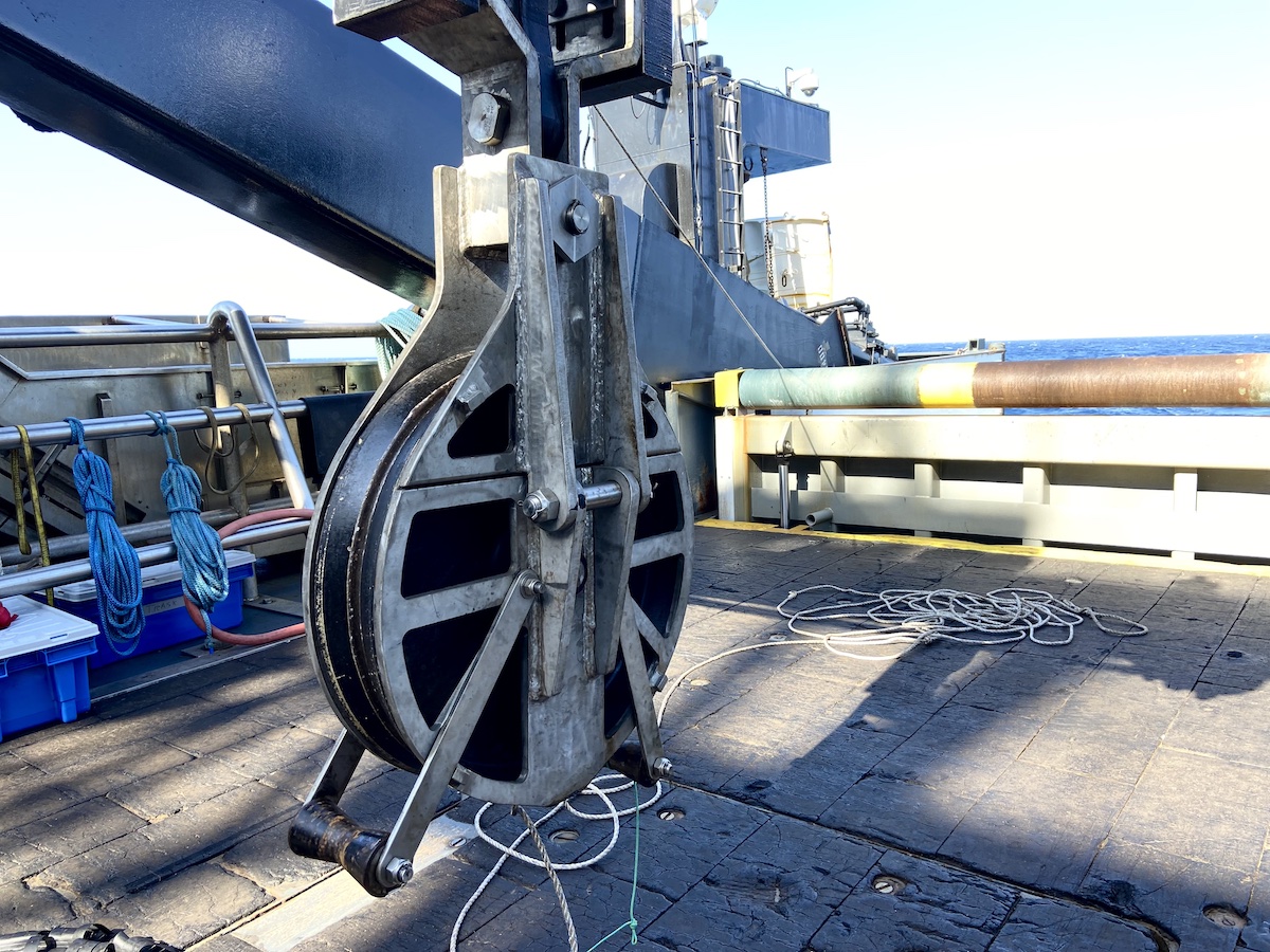 A piece of the winch and cable system that deploys or recovers instruments aboard the NOAA ship <i>Henry B. Bigelow.</i> (Photo by Andrea Vale © Woods Hole Oceanographic Institution)