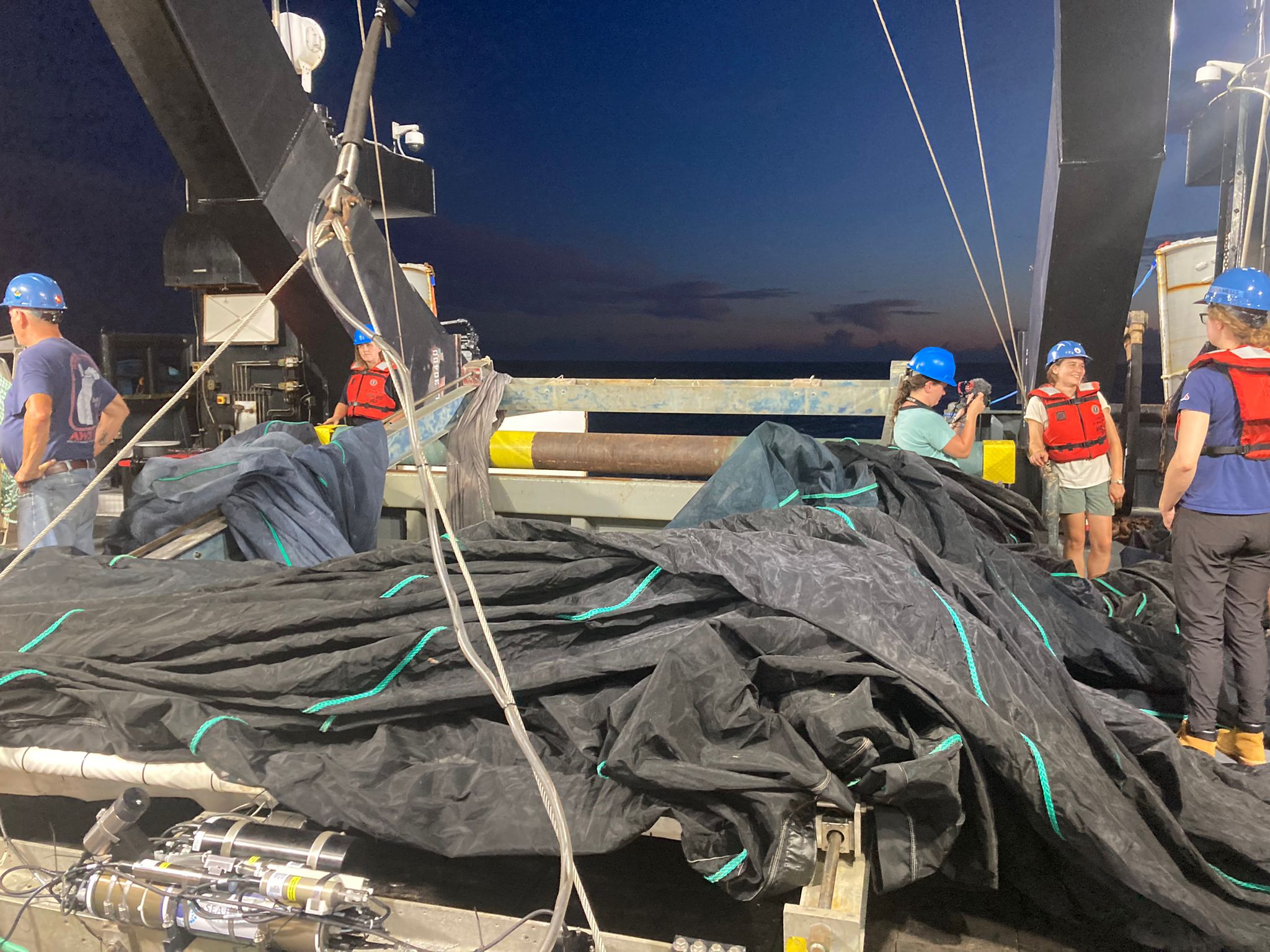 The MOCNESS awaits its first deployment. This high-tech tow net allows researchers to match what is found in nets at specific intervals with discrete properties of water at those depths. (Photo by Joel Llopiz © Woods Hole Oceanographic Institution)