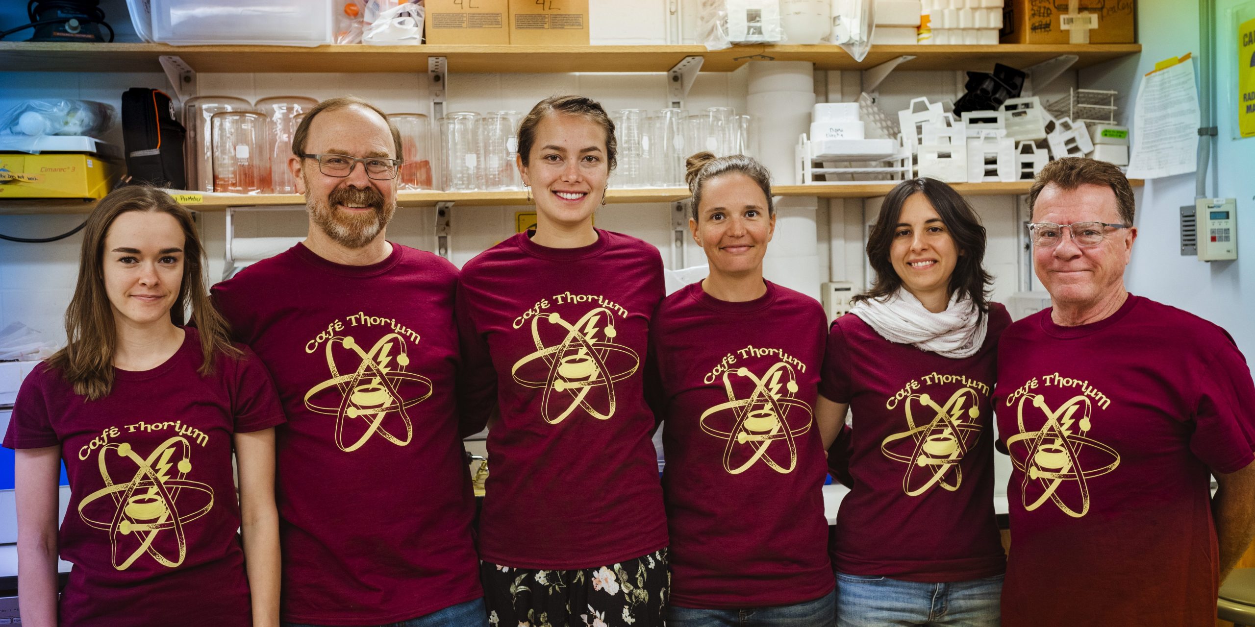 Members of Ken Buessler's lab, or "Cafe Thorium". From left: Samantha Clevenger, Ken Buessler, Jennifer Kenyon, Jessica Drysdale, Muntsa Roca-Marti, and Steve Pike. Photo by Danny Hentz, © WHOI