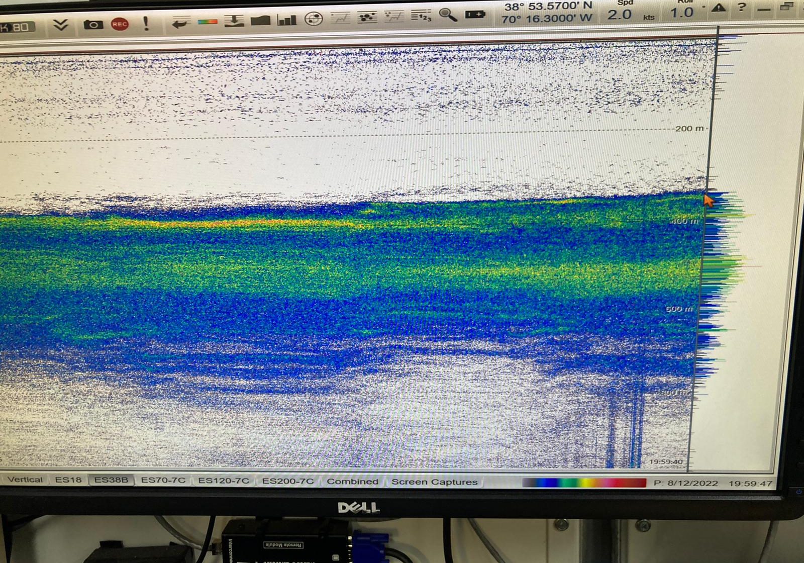 In the late afternoon, the multibeam sonar above R/V Bigelow shows two layers of migration happening at 490-570 meters (lower green band) and 350-400 meters (upper green band). (Photo by Joel Llopiz 
© Woods Hole Oceanographic Institution)