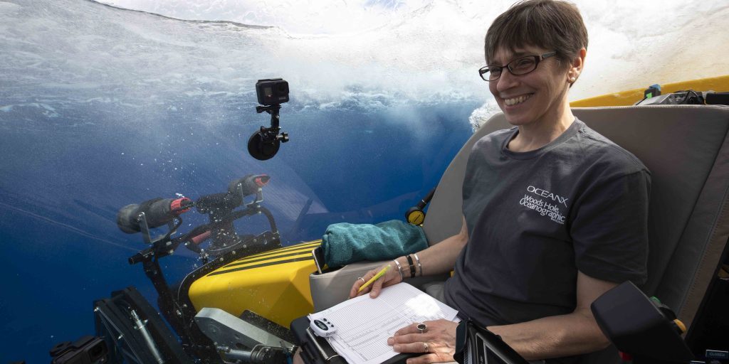 Heidi Sosik enters the ocean in manned submersible