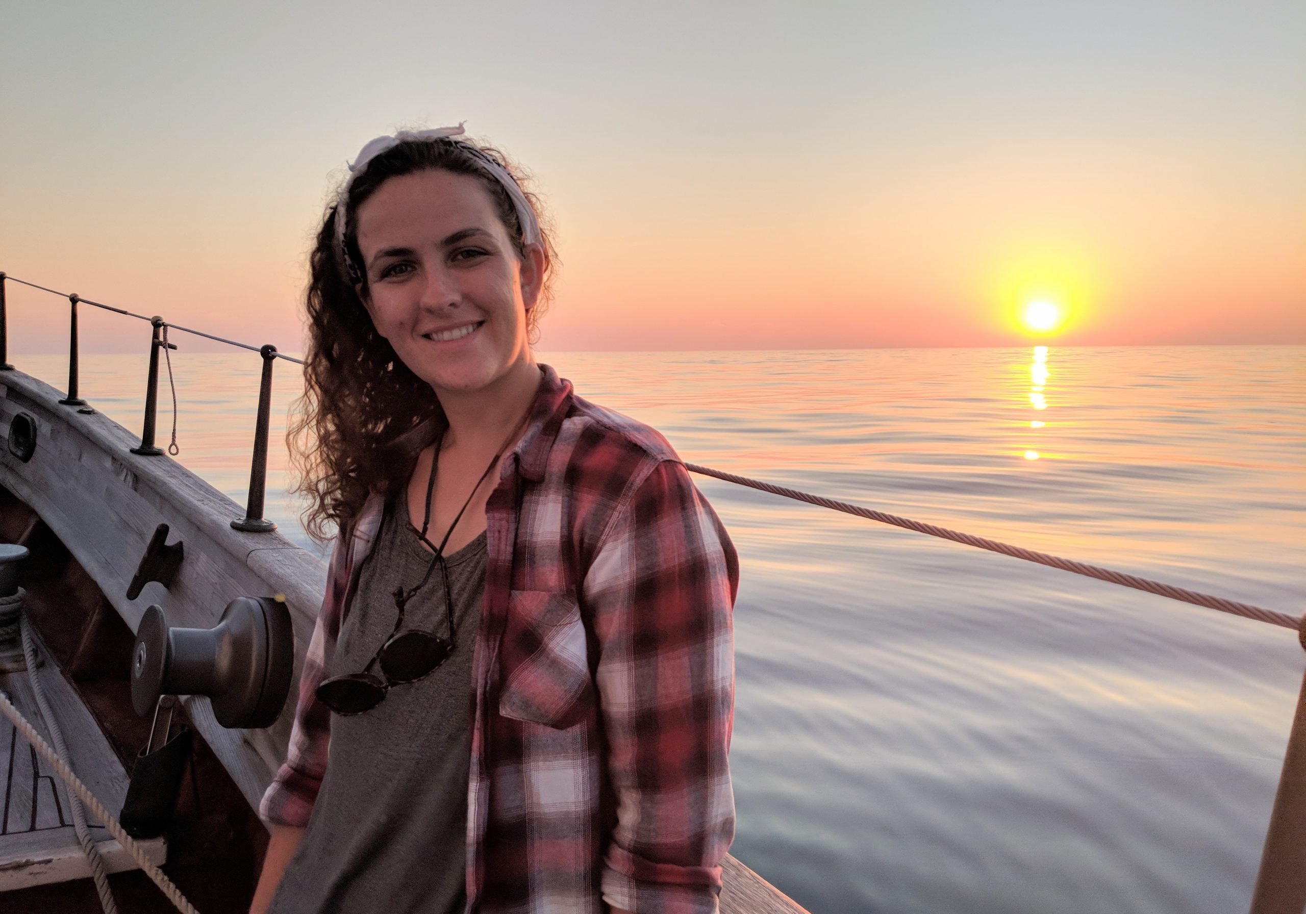 Kayla Gardner, a PhD student in the MIT-WHOI Joint Program, aboard the SSV Corwith Cramer. (Photo by Erik Olsen)
