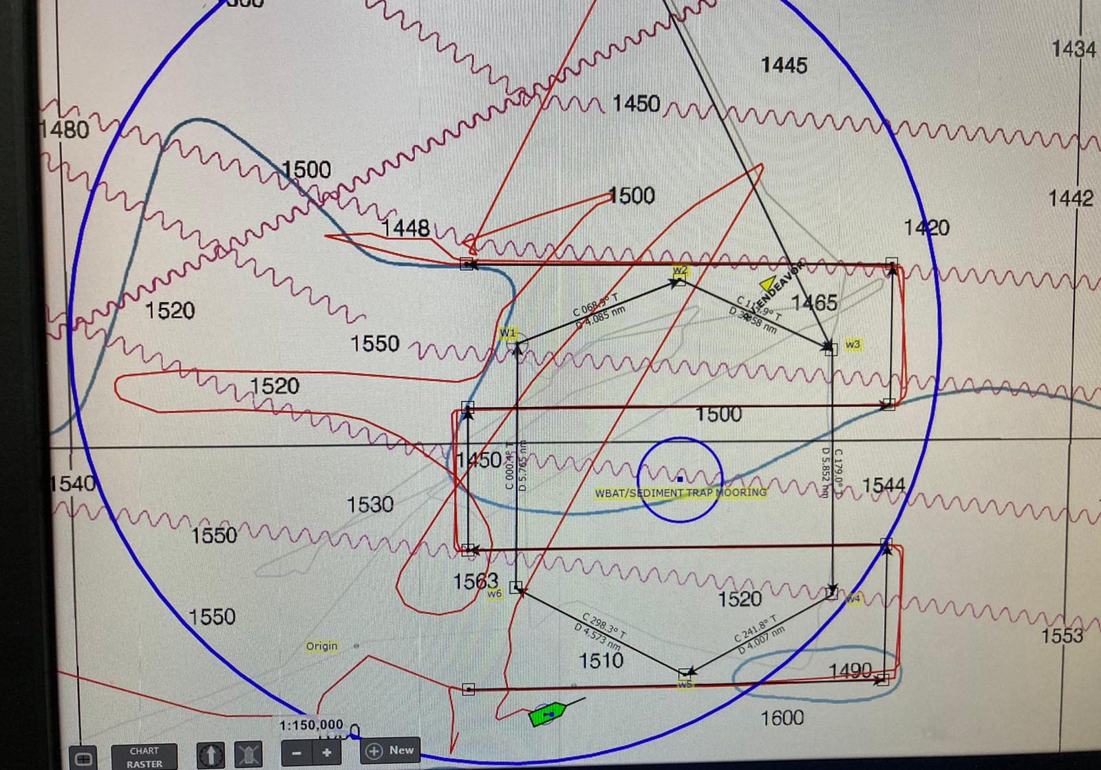 With nearly a mile of steel cable towing instruments from its stern, the R/V <i>Biogelow</i> and R/V<i>Endeavor</i> had to carefully coordinate their movements to avoid collisions and tangled gear. In this image, the <i>Bigelow</i>'s track is represented by red lines; <i>Mesobot</i>'s by black lines; and <i>Endeavor</i>'s by faint gray lines.